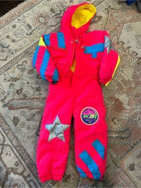 OSSI Vintage Neon Pink Kids Ski Suit with Yellow Lining and Blue Accent